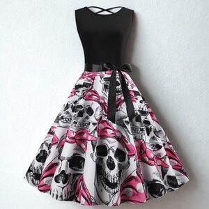 Chic Black and Pink Skull Print Midi Dress